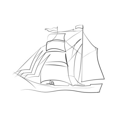 El çizimi tekne, vektör çizimi. Robot resim gemisi. Satır biçiminde çizilmiş dalgalar üzerinde yüzen yatın basit vektör görüntüsü. Seyahat