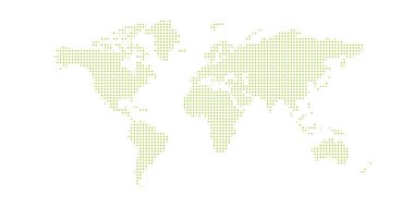 Noktalı dünya haritası. Yeşil vektör çizimi. Dünya haritası vektörü, beyaz arkaplanda izole. Web sitesi şablonu için uygun, yıllık rapor, infografikler. Dünya haritasına benzer bir ikon. Dünya çapında seyahat et.