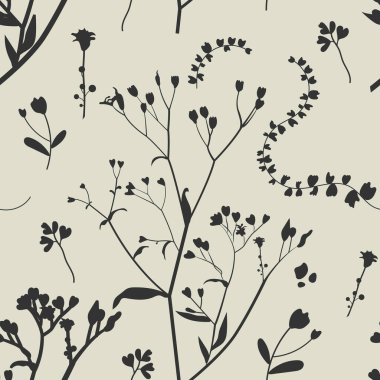 Kusursuz desen. Çiçekler el çizimi siyah boya vektörü seti. Mürekkep çiçek ve yaprak çiziyor. Sanatsal botanik klip sanatı. Fırçayla boyanmış çiçek siluetleri. Bej arkaplan
