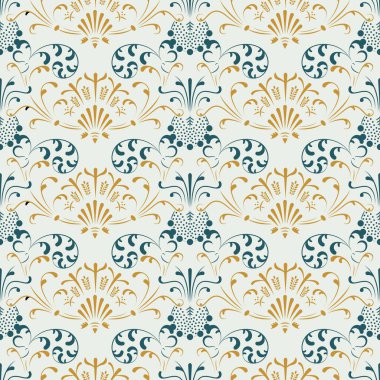 Etnik Düzen. Kusursuz Vektör Süslemesi. Süslü motifler. Geleneksel etnik tarzda kusursuz bir düzen. Çiçekler. Yunanistan. Yeşil, turuncu, açık arkaplan. Duvar kağıdı, yabani ot daveti