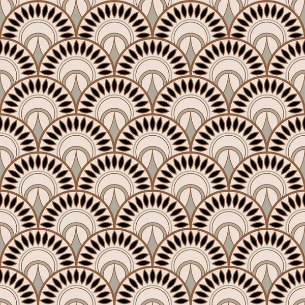 Klasik Art Deco Kusursuz Desen. Daire desenli geometrik dekoratif. Geçmişe dönüş. Bej arka plan. Kahverengi