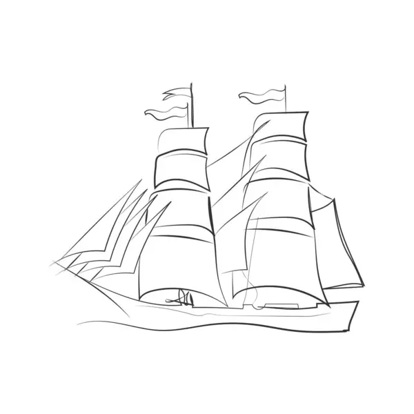 El çizimi tekne, vektör çizimi. Robot resim gemisi. Satır biçiminde çizilmiş dalgalar üzerinde yüzen yatın basit vektör görüntüsü. Seyahat