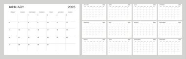 2025 için klasik aylık takvim. Minimalist kare şeklinde bir takvim. Hafta pazartesi başlıyor. İngilizce metin