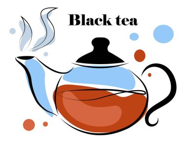 Beyaz zemin üzerinde siyah çay olan çaydanlık. Vektör illüstrasyonu