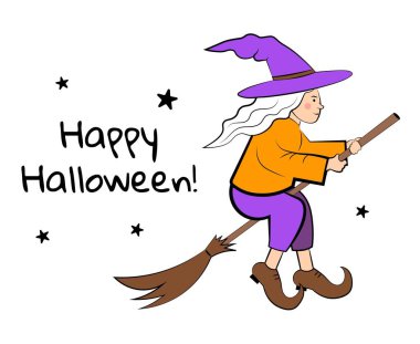Bir cadı süpürgeyle uçar. Vektör illüstrasyonu
