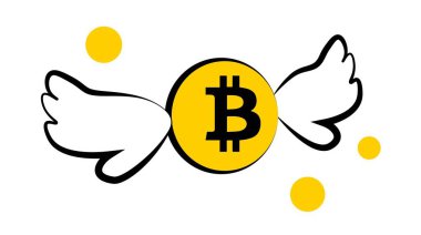 Beyaz arka planda kanatları olan bitcoin. Vektör illüstrasyonu