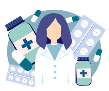 Beyaz arka planda eczacı ve ilaçlar var. Vektör illüstrasyonu