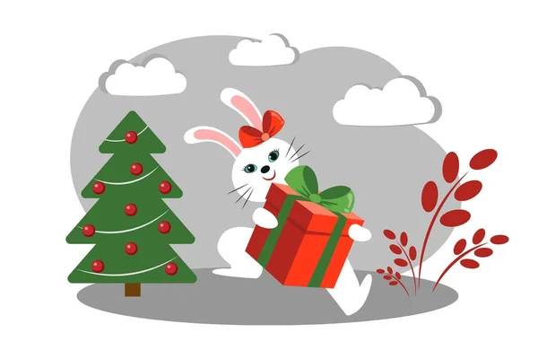 Rabbit Gift Merry Christmas Vector Illustration — Stock Vector
