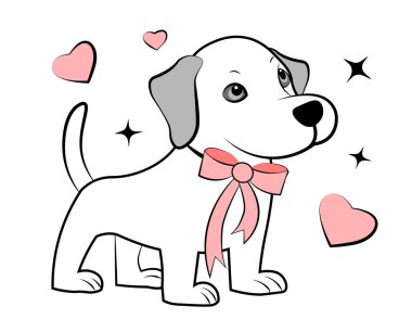 Beyaz arka planda pembe fiyonklu şirin bir köpek yavrusu. Vektör illüstrasyonu