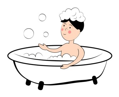 Çocuk küvette banyo yapıyor. Vektör illüstrasyonu