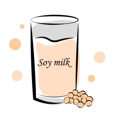 Beyaz arka planda soya sütü ve soya fasulyesi. Vektör illüstrasyonu