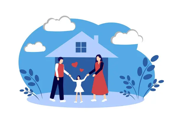 Evin yakınında bir aile. Anne, baba ve kız. Vektör illüstrasyonu