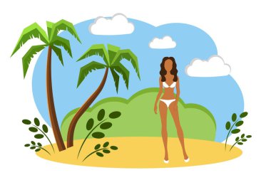 Plajda beyaz mayo giyen bir kız. Vektör illüstrasyonu