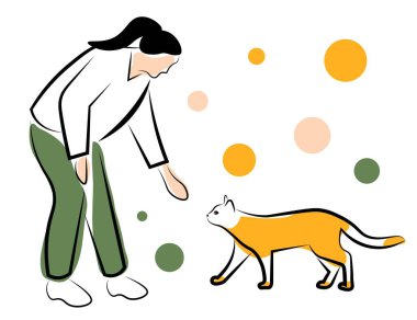 Beyaz arka planda kadın ve kedi. Vektör illüstrasyonu