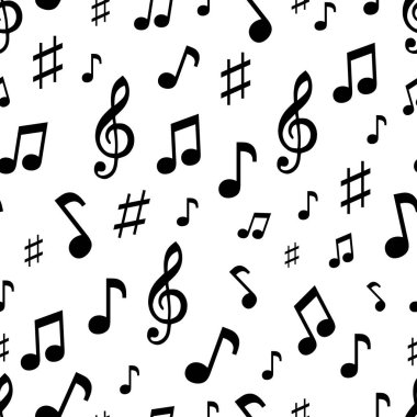 Beyaz arka planda notları olan kusursuz bir desen. Vektör illüstrasyonu