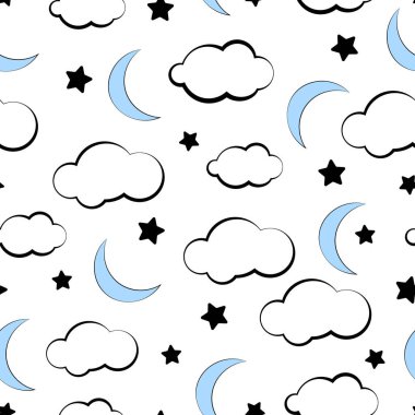 Beyaz arka planda patern ay ve yıldızlar. Vektör illüstrasyonu