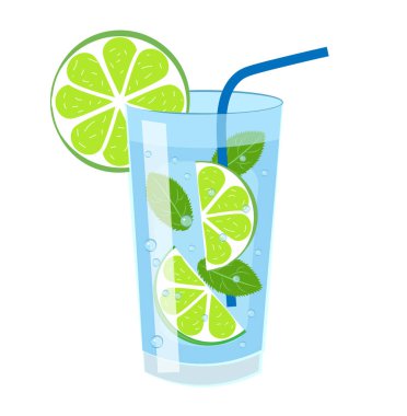 Beyaz arka planda Mojito. Kireç, nane kokteyli. Vektör illüstrasyonu