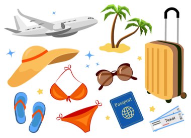 Tatil teması üzerine eşya koleksiyonu. Vektör illüstrasyonu