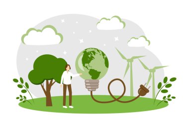 Çevre konseptini temizlemek için yeşil enerji. Yeşil enerji. Ekolojik sorunlar. Eko teknolojiler. Vektör illüstrasyonu