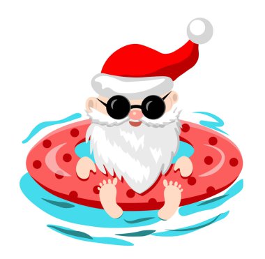 Noel Baba denizde yüzer. Kumsalda Noel. Vektör illüstrasyonu