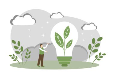 Yeşil enerji kavramı. Bir ampul ve bir bitki. Yeni bir fikrin büyümesi. Vektör illüstrasyonu
