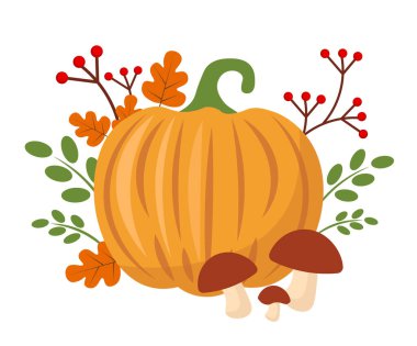 Sonbahar, beyaz arka planda sakin bir hayattır. Balkabağı, mantar ve yapraklar. Vektör illüstrasyonu