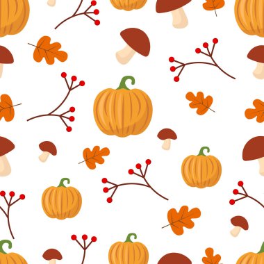 Beyaz arka planda balkabağı ve mantarlı sonbahar pürüzsüz desen. Vektör illüstrasyonu