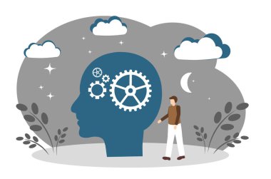 Bir erkek kafası ve vites. Düşünce, yaratıcılık ve yeni fikirler. Vektör illüstrasyonu