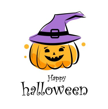 Mutlu Cadılar Bayramı. Beyaz arka planda şapkalı bir balkabağı. Vektör illüstrasyonu