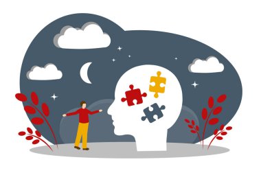 Depresyon, panik atak ve karmaşık sorunları çözme kavramı. İnsan ve yapboz. Akıl sağlığı. Vektör illüstrasyonu