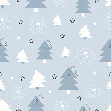 Karla kaplı orman ve yıldızlarla kusursuz bir kış düzeni. Vektör illüstrasyonu