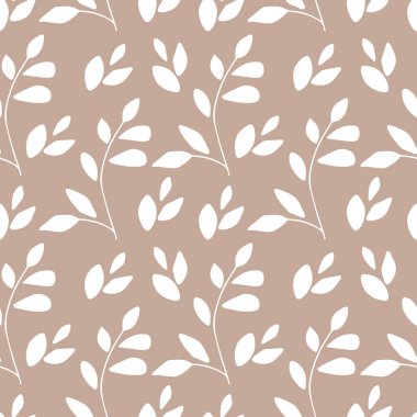 Bej arka planda beyaz dalları olan pürüzsüz bir desen. Vektör illüstrasyonu