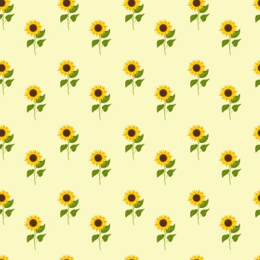 Sarı arka planda ayçiçekleri olan kusursuz bir desen. Vektör illüstrasyonu