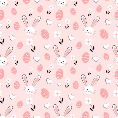 Tavşanlı, yumurtalı ve çiçekli kusursuz Paskalya deseni. Vektör illüstrasyonu