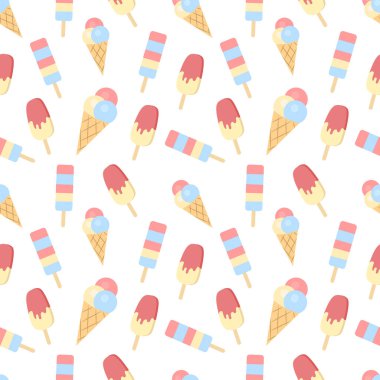 Beyaz arka planda farklı dondurmalarla beslenen kusursuz bir yaz şablonu. Vektör illüstrasyonu