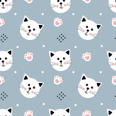 Gri arka planda kedileri ve pençeleri olan kusursuz bir desen. Vektör illüstrasyonu