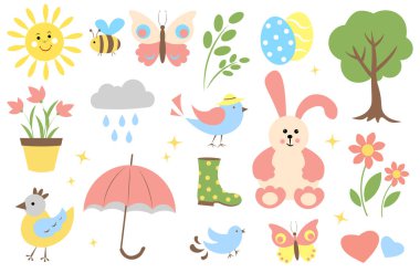 Bir yay seti şirin, vektör görüntüler. Tavşan, güneş, kuşlar, çiçekler, şemsiye, kelebekler ve arı. Vektör illüstrasyonu