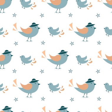 Beyaz arka planda kuşların olduğu kusursuz bir model. Vektör illüstrasyonu