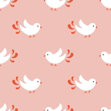 Pembe arka planda beyaz kuşların olduğu kusursuz bir düzen. Vektör illüstrasyonu