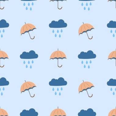 Mavi arka planda şemsiyeleri ve bulutları olan kusursuz bir desen. Vektör illüstrasyonu