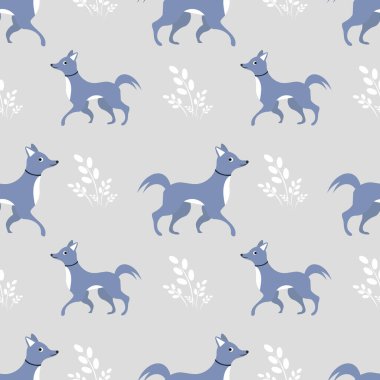 Gri arka planda köpekleri olan kusursuz bir desen. Vektör illüstrasyonu