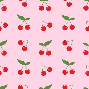 Pembe arka planda olgun kirazlarla kusursuz desen. Vektör illüstrasyonu