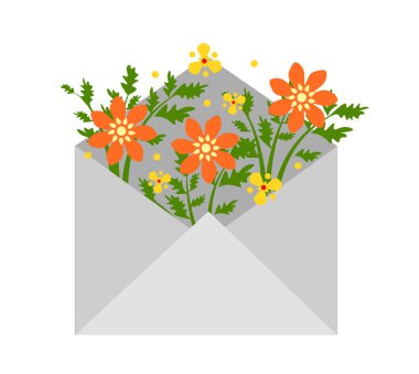 Beyaz arka planda turuncu çiçekli zarf. Tebrik kartı. Vektör illüstrasyonu