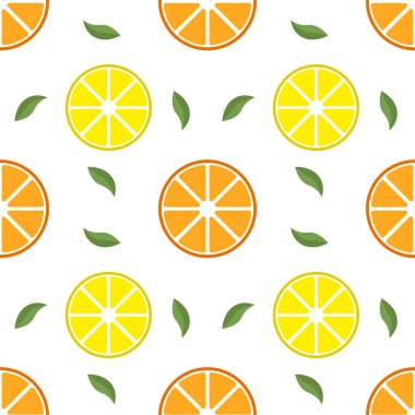Beyaz arka planda portakallı ve limonlu kusursuz desen. Vektör illüstrasyonu