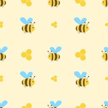 Sarı arka planda arılar ve bal petekleriyle kusursuz desen. Vektör illüstrasyonu
