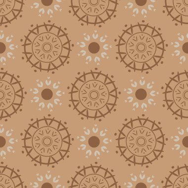 Kusursuz, bej arka planda daireler çizen etnik bir model. Vektör illüstrasyonu