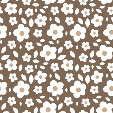 Kahverengi arka planda beyaz çiçekli pürüzsüz desen. Vektör illüstrasyonu