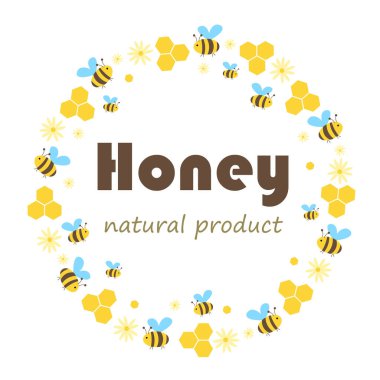 Beyaz arka planda arı, bal peteği ve çiçeklerden oluşan yuvarlak bir çerçeve. Mektup balı. Vektör illüstrasyonu