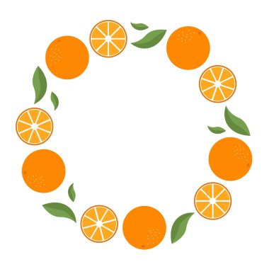 Round frame of ripe oranges on a white background. Banner, text space, flyer, label. Vector illustration clipart