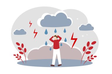 Hayat sorunları, kötü ruh hali ve depresyon kavramı. Adam yağmurda ıslanmış. Gök gürültüsü bulutu. Vektör illüstrasyonu